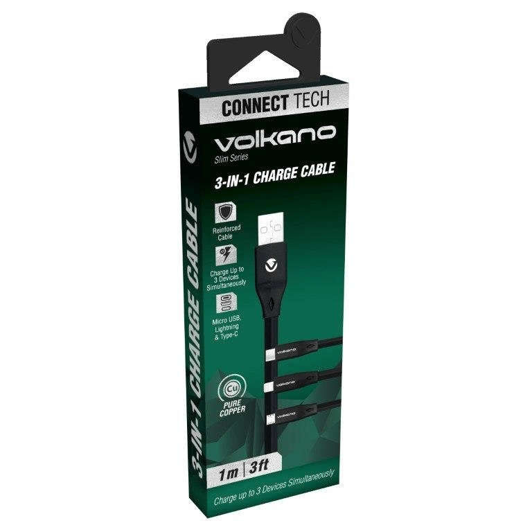 Volkano Slim Series 1m 3-in-1 Charge Cable Black VK-20086-BK