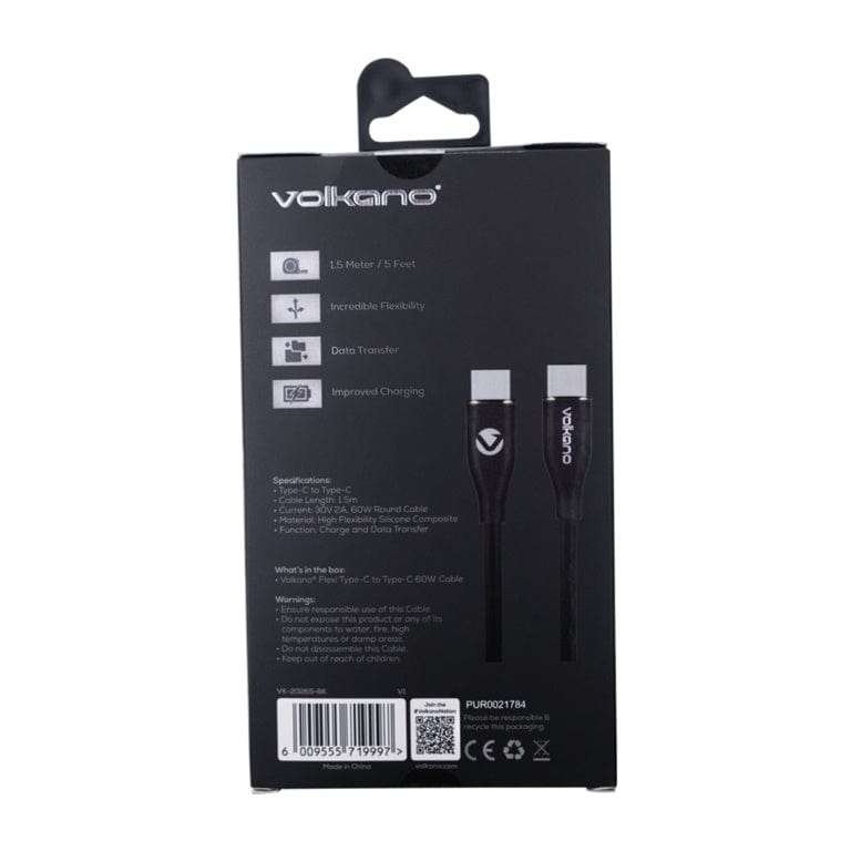 Volkano Flexi Series Type-C Male to Male 60W Cable 1.5m Black VK-20265-BK