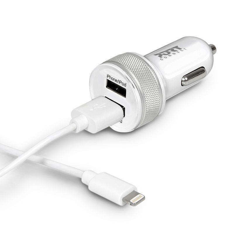 Port Designs 900082 2-port USB Car Charger with Lightning Cable White