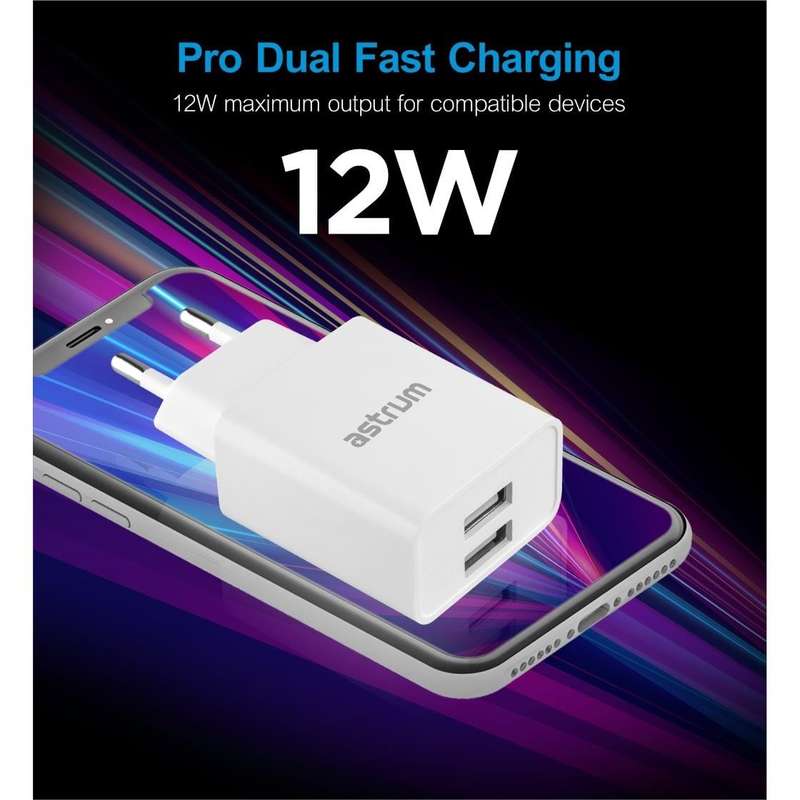 Astrum Pro Dual U24 12W 2.4A USB Wall Charger Black A92624EB