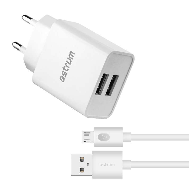 Astrum Pro Dual U24 12W 2.4A USB Wall Charger with Micro USB Cable White A92625EW