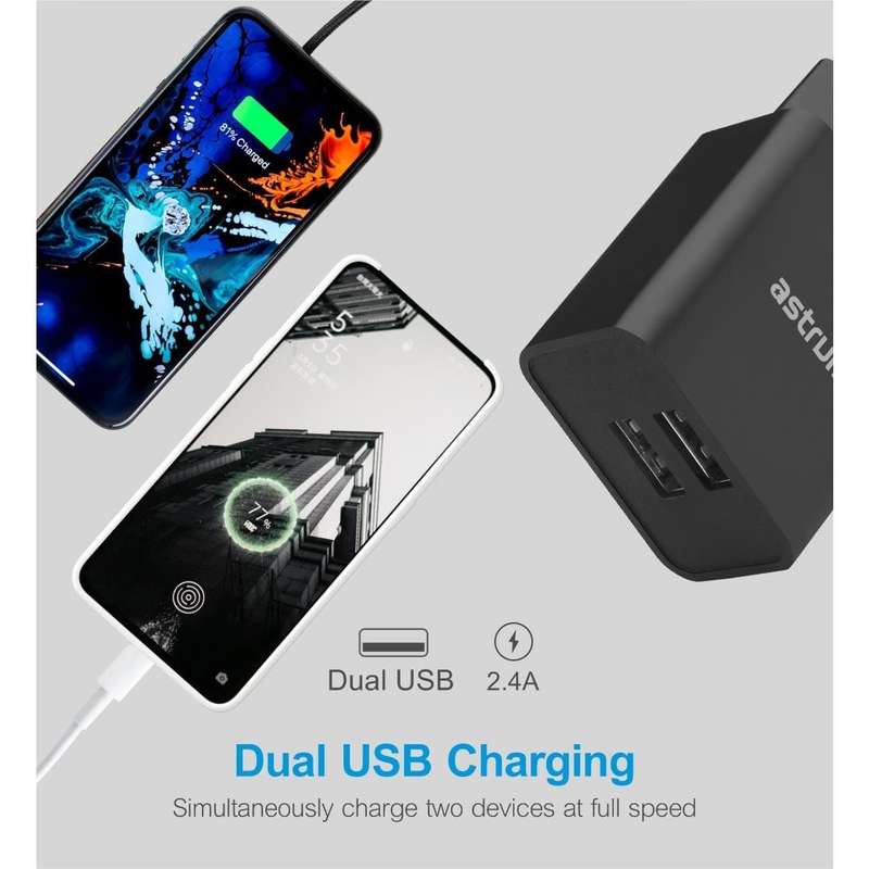 Astrum Pro Dual U24 12W 2.4A USB Wall Charger with Micro USB Cable White A92625EW