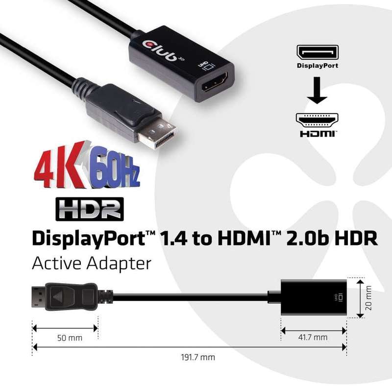 Club 3D CAC-1080 DisplayPort 1.4 to HDMI 2.0b HDR Active Adapter