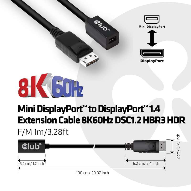 Club 3D Mini DisplayPort 1.4 to DisplayPort Extension Cable CAC-1120