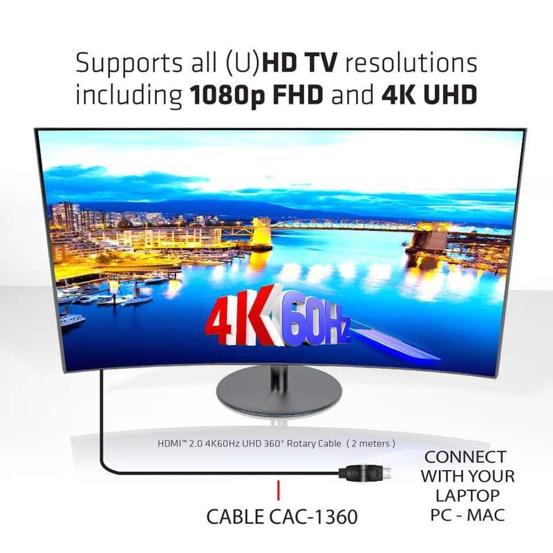 Club 3D CAC-1360 2m HDMI 2.0 4K 60Hz UHD 360 Degree Rotary Cable