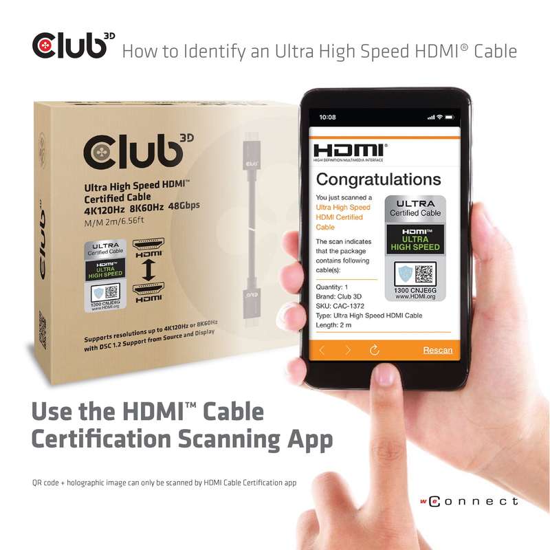 Club 3D CAC-1372 2m Ultra High Speed HDMI 2.1 10K 120Hz M/M Cable