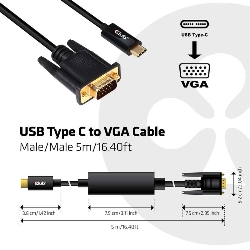Club 3D CAC-1512 5m USB Type C to VGA Active M/M Cable