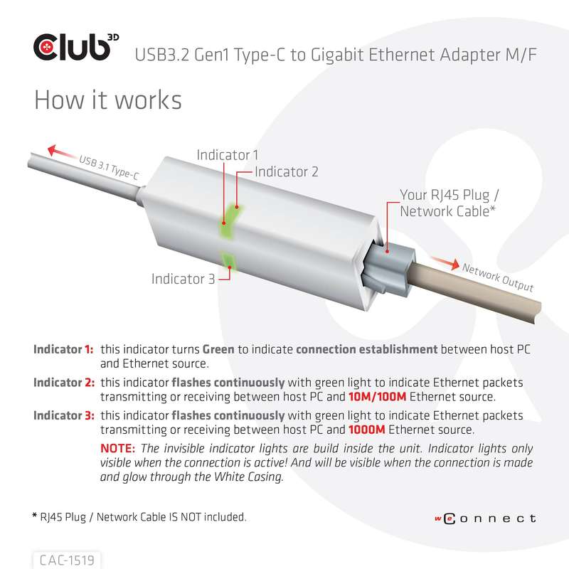 Club 3D CAC-1519 USB3.2 Gen1 Type-C to Gigabit Ethernet Adapter M/F