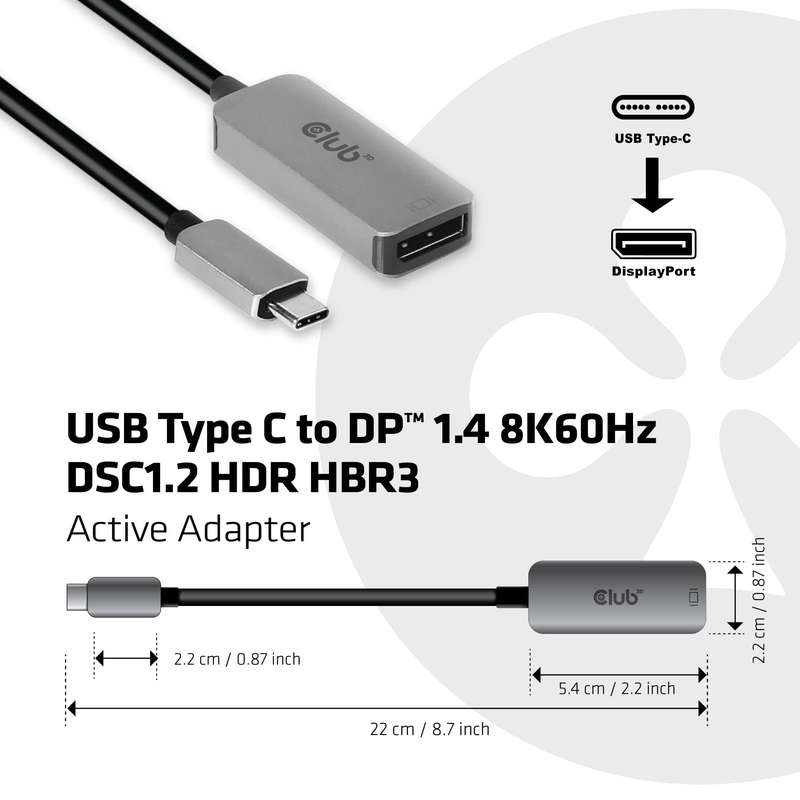 Club 3D CAC-1567 USB Type C to DisplayPort 1.4 8K 60Hz HBR3 Active Adapter