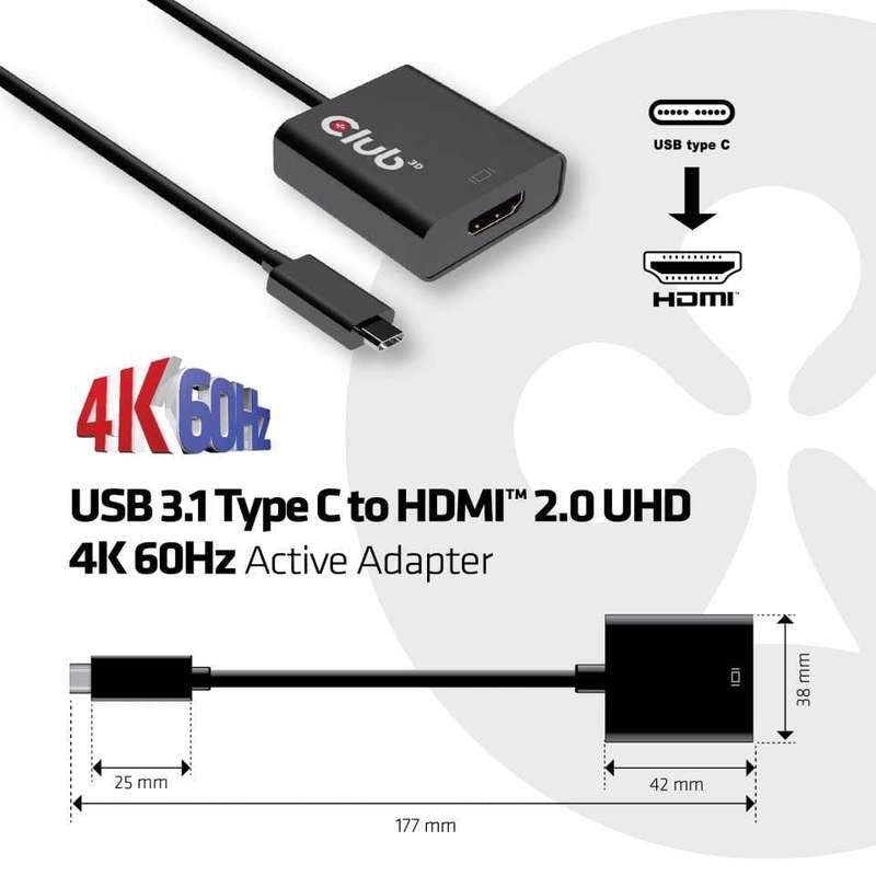 Club 3D CAC-2504 USB 3.1 Type C to HDMI 2.0 UHD 4K 60Hz Active Adapter