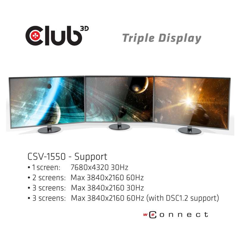 Club 3D CSV-1550 USB Type C 3.2 Multi Stream Transport Hub DisplayPort 1.4 Triple Monitor