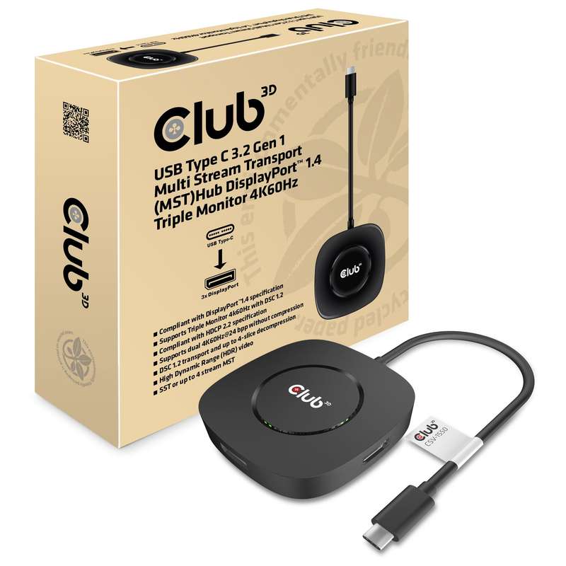 Club 3D CSV-1550 USB Type C 3.2 Multi Stream Transport Hub DisplayPort 1.4 Triple Monitor