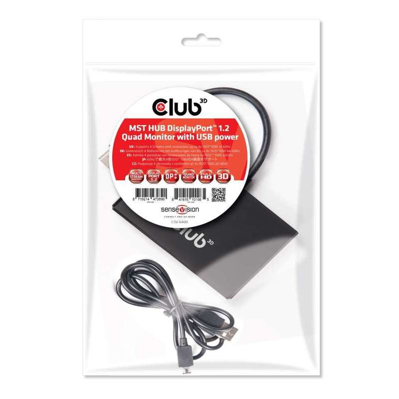 Club 3D CSV-6400 Multi Stream Transport Hub DisplayPort 1.2 Quad Monitor USB Powered