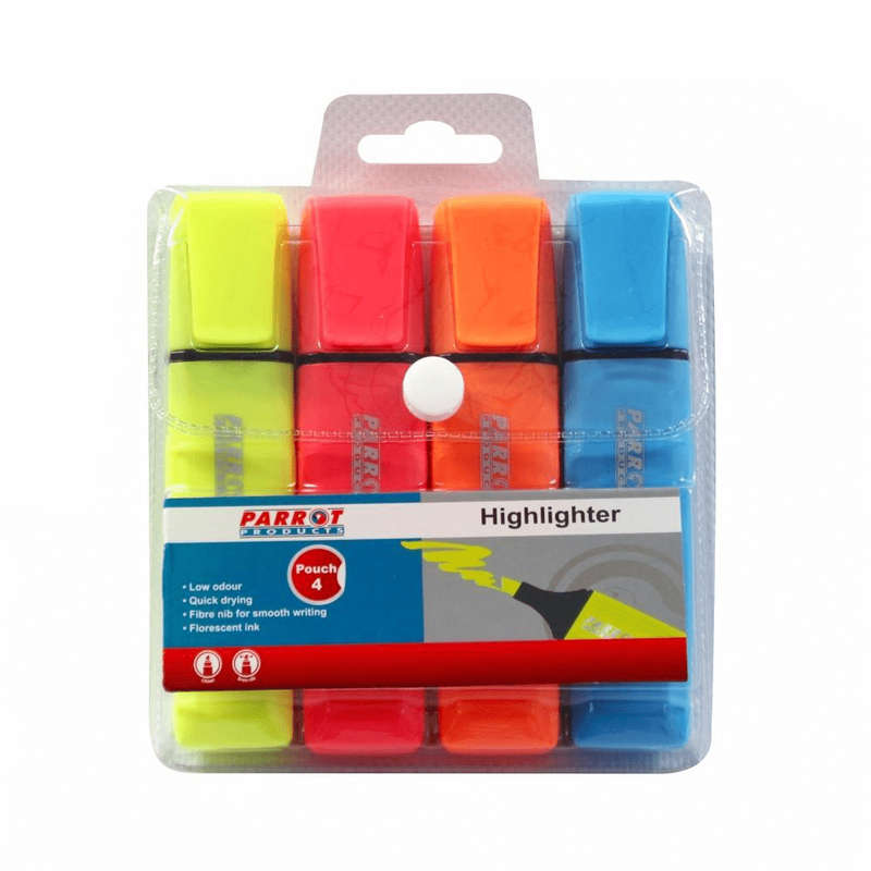 Parrot Highlighter Markers Yellow Pink Blue Orange 4-pack PH0401B ph0401b