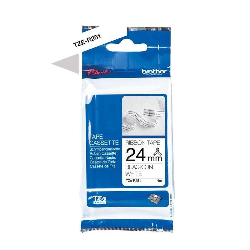 Brother TZE-R251 P-Touch Black Print on White Satin Ribbon 24mm