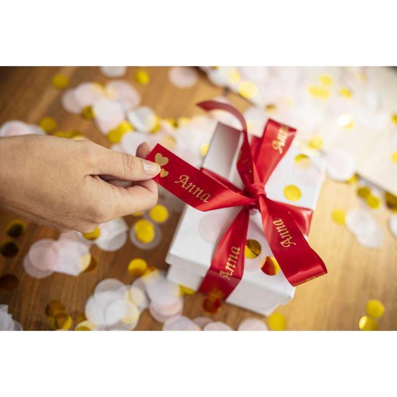 Brother TZE-RW54 P-Touch Gold Print on Red Satin Ribbon 24mm