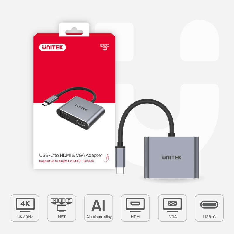 Unitek 4K 60Hz USB-C to HDMI 2.0 and VGA Adapter with MST Dual Monitor V1126A