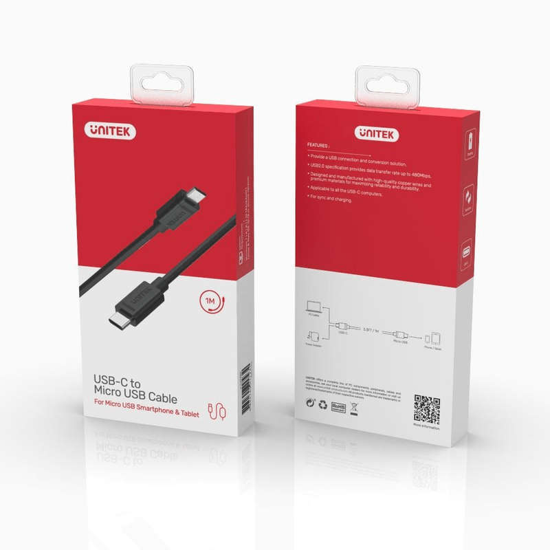 Unitek 1m USB-C to Micro USB Charging Cable with Data (USB 2.0) Y-C473BK