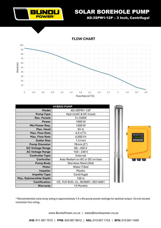 Hybrid Borehole Pump - 93m Head, 3" Pump - AD-3SPW1-12P