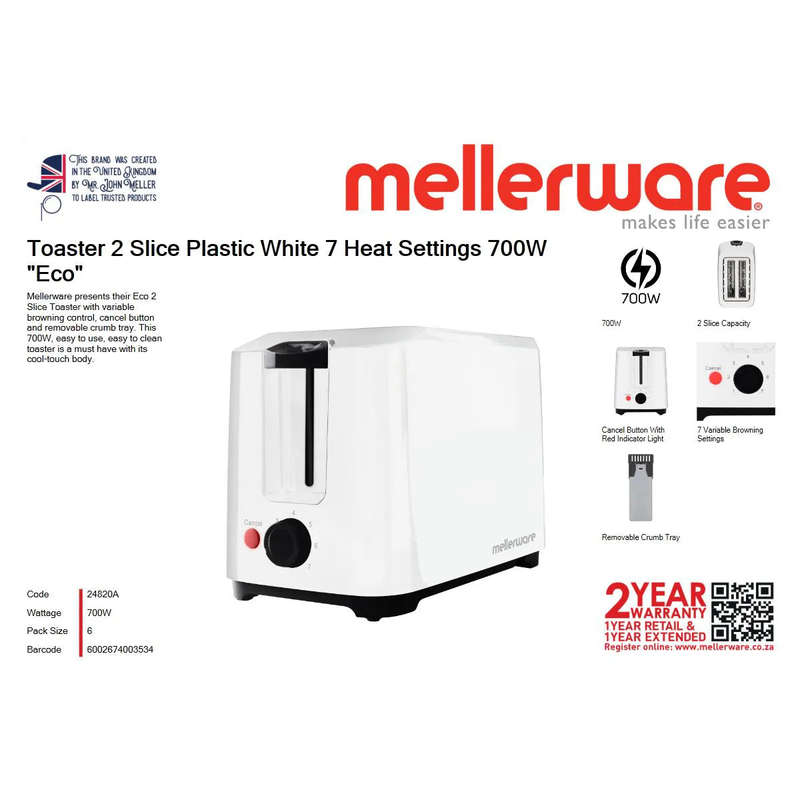 Mellerware 2-Slice Toaster 700W