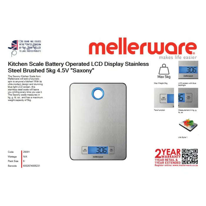 Mellerware Stainless Steel Kitchen Scale 5kg