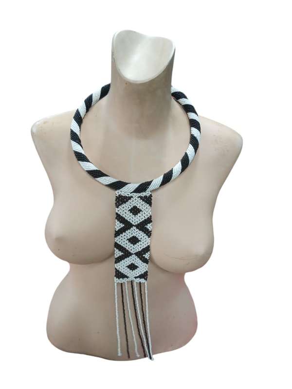 African Round Tie Necklace Black and White