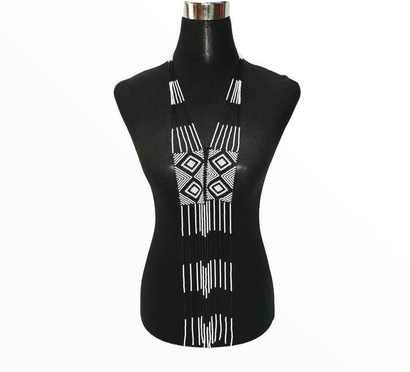 African Beaded Scarf - Black/White