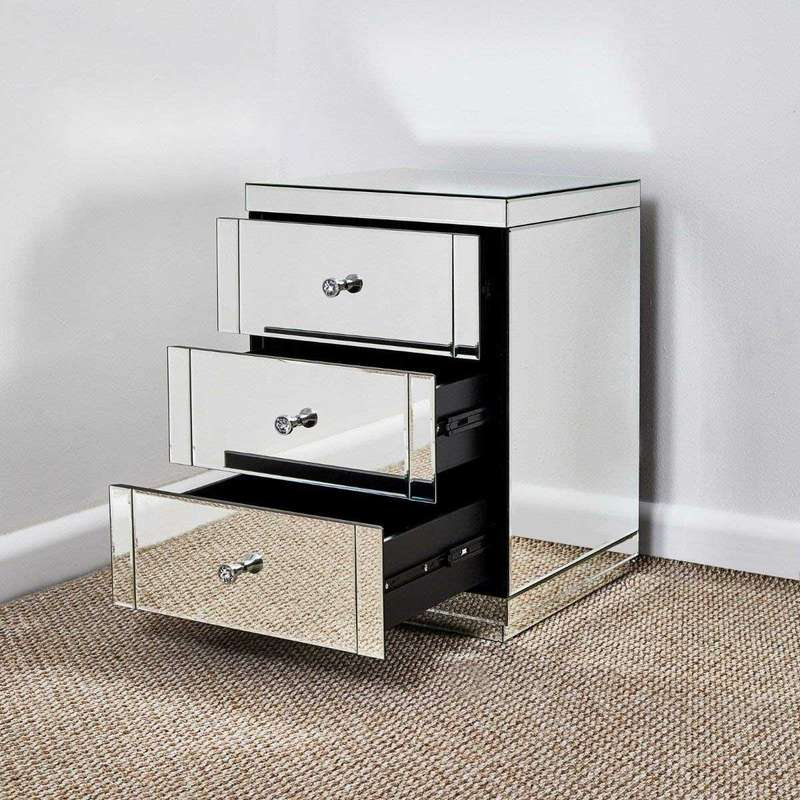 Contempro Three Drawer Mirrored Bedside Table