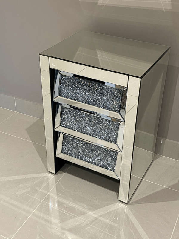 LeBlanc Crushed Diamond Angled Three Drawer Bedside Table