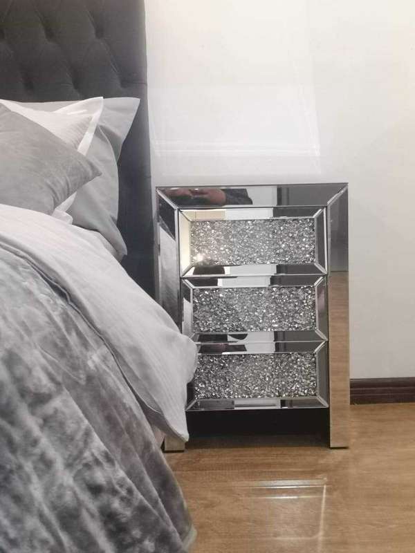 LeBlanc Crushed Diamond Angled Three Drawer Bedside Table