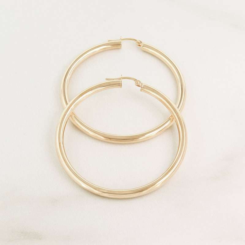 9k Yellow Gold Round Round Tube Hoop Earrings 40mm