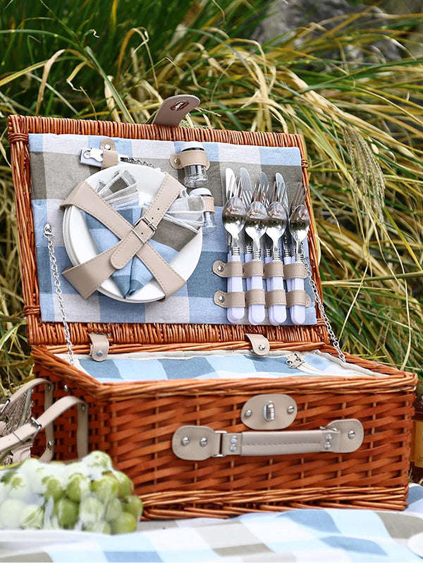 Wicker Picnic Basket with Cooler Bag for 4 People - Blue Design