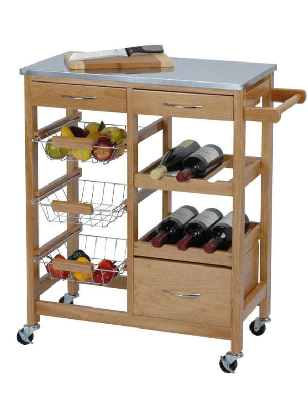 Kitchen Trolley with Drawers, Rack and Stainless Steel Countertop