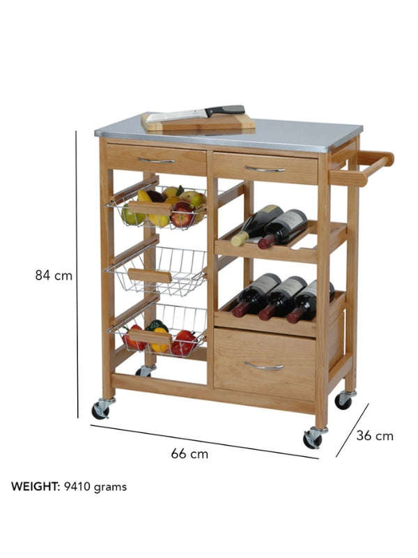 Kitchen Trolley with Drawers, Rack and Stainless Steel Countertop