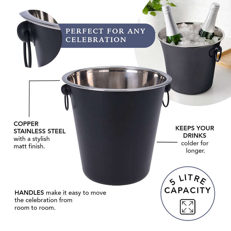 Stainless Steel Matt Black Ice Bucket Champagne Cooler - 5 Litres