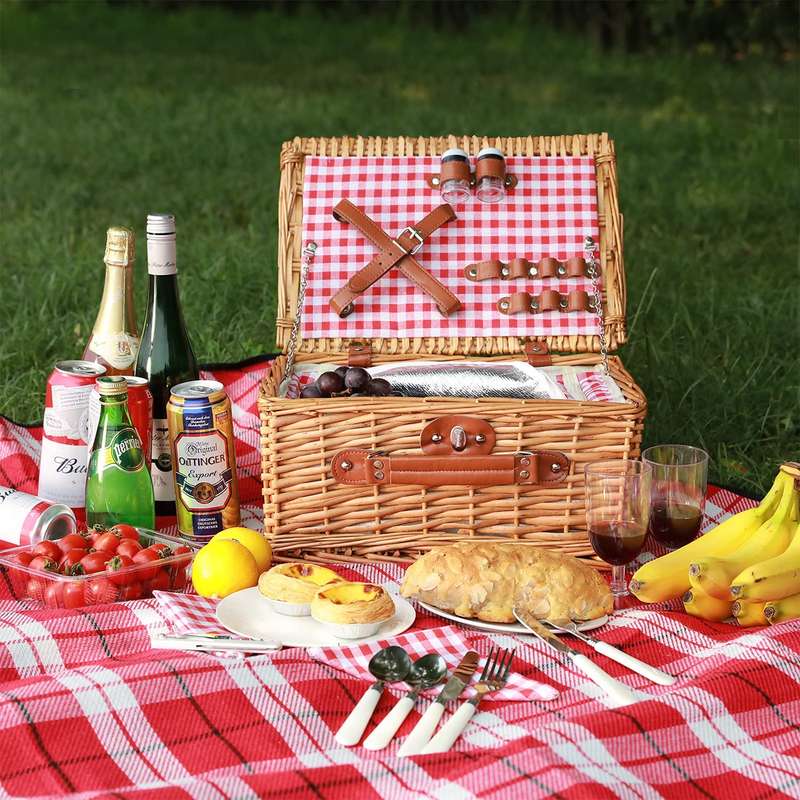 Picnic Basket with Cooler Bag for 2-People - Red Checkered Design