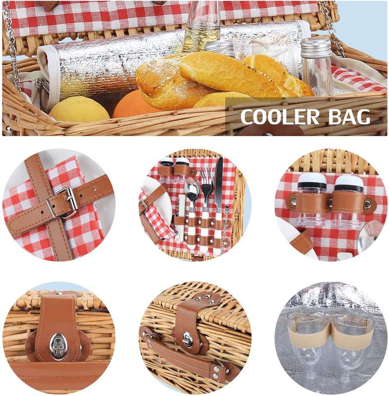 Picnic Basket with Cooler Bag for 2-People - Red Checkered Design