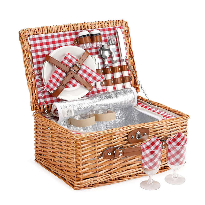 Picnic Basket with Cooler Bag for 2-People - Red Checkered Design
