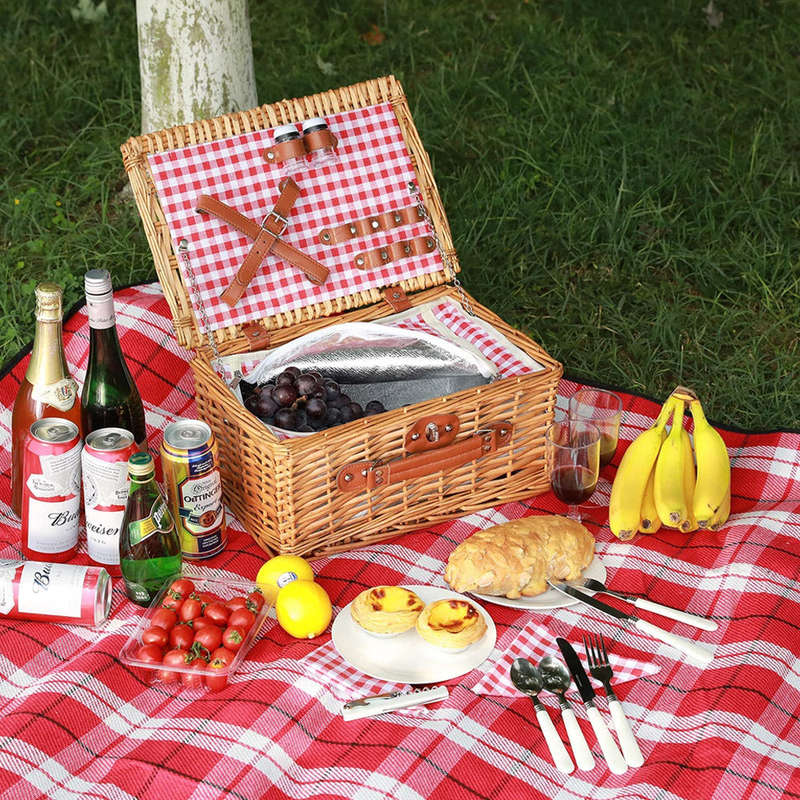 Picnic Basket with Cooler Bag for 2-People - Red Checkered Design