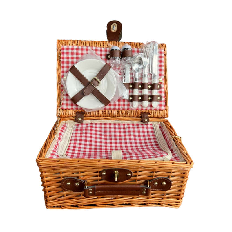 Picnic Basket with Cooler Bag for 2-People - Red Checkered Design