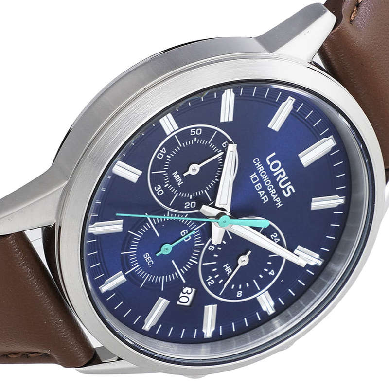 Lorus Blue Dial Brown Leather Strap Chronograph Men's Watch | RT381KX9