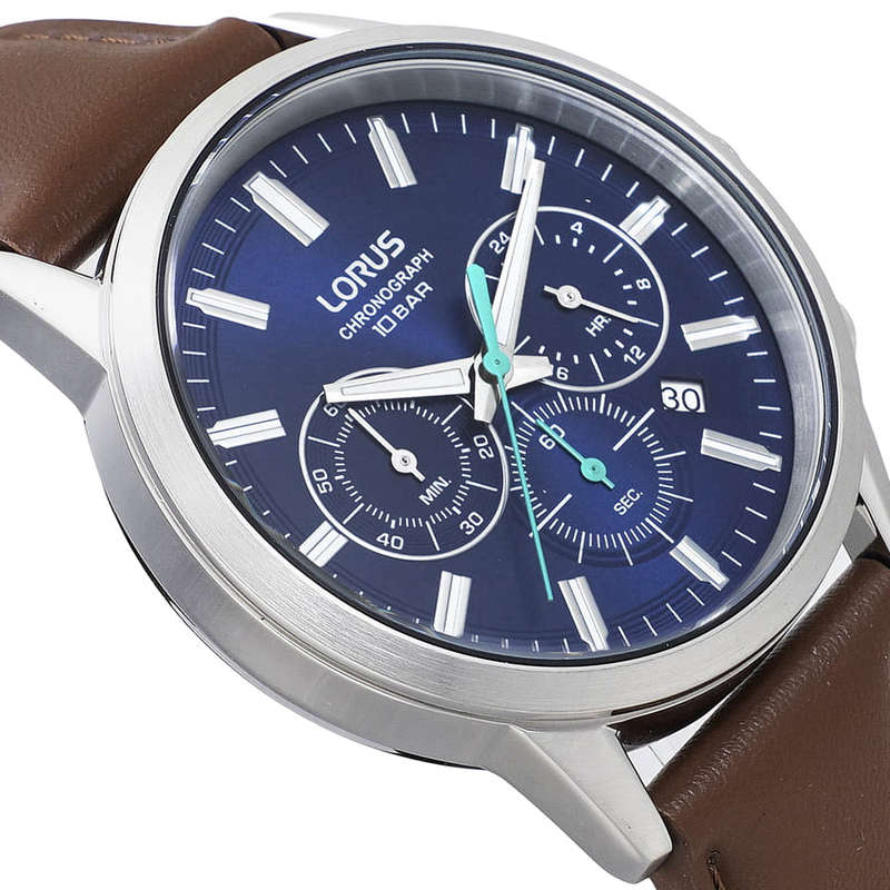 Lorus Blue Dial Brown Leather Strap Chronograph Men's Watch | RT381KX9