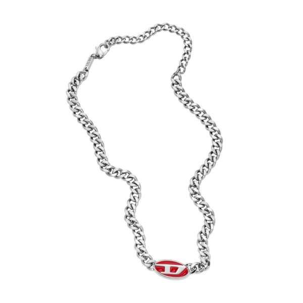 Diesel Red Lacquer and Stainless Steel Chain Unisex Necklace | DX1446040