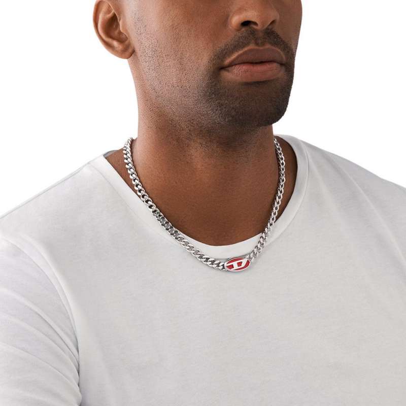 Diesel Red Lacquer and Stainless Steel Chain Unisex Necklace | DX1446040