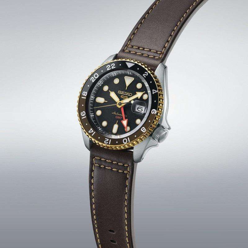 Seiko Automatic Black Dial Brown leather Strap GMT Men's Watch | SSK036K1