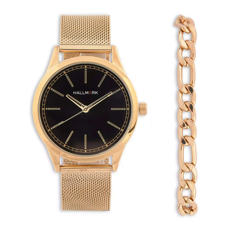 Hallmark Stainless Steel Black and Gold Mesh Woman's Watch Set | HBSM4059