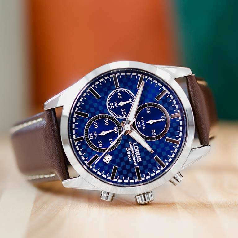 Lorus Blue Dial Brown Leather Strap Chronograph Men's Watch | RT381KX9