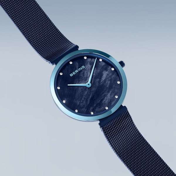 Bering Classic Polished Blue Mesh Bracelet Women's Watch | 18132-398