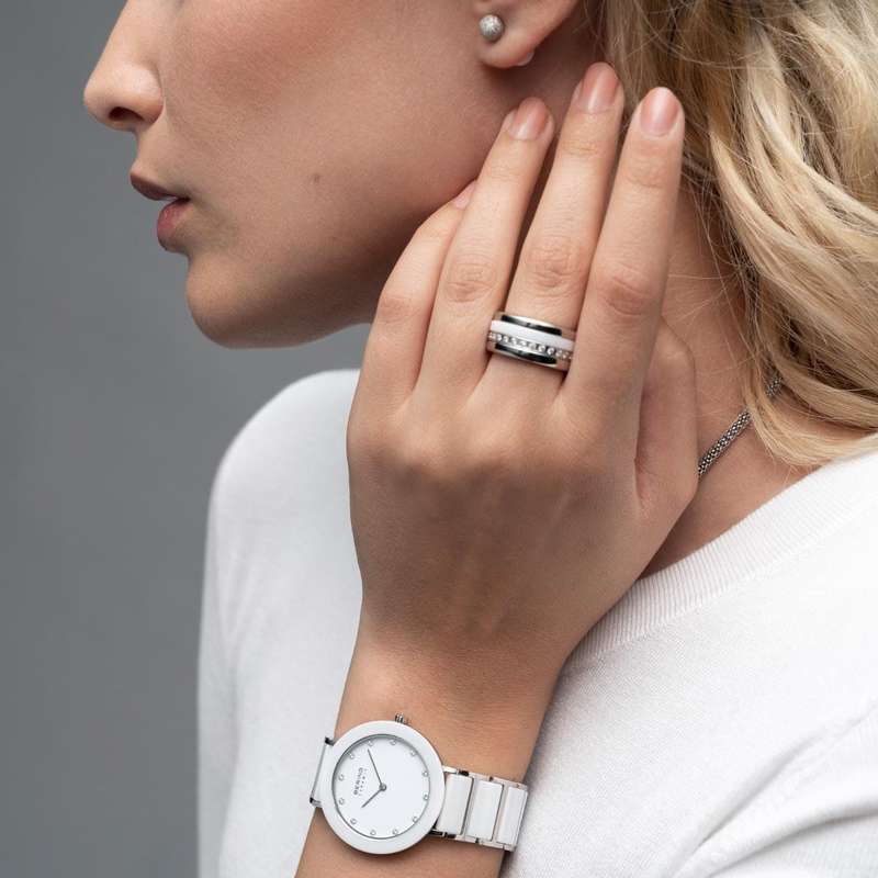 Bering White Ceramic and Silver Women's Watch  | 11435-754
