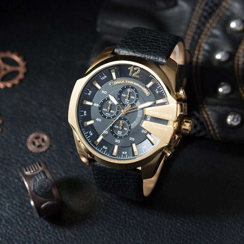 Diesel Mega Chief Gold Round Leather Men's Watch | DZ4344